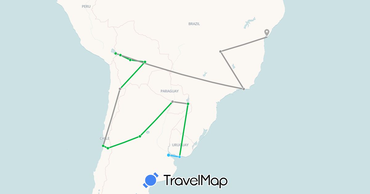 TravelMap itinerary: bus, plane, boat in Bolivia, Brazil, Chile, Uruguay (South America)